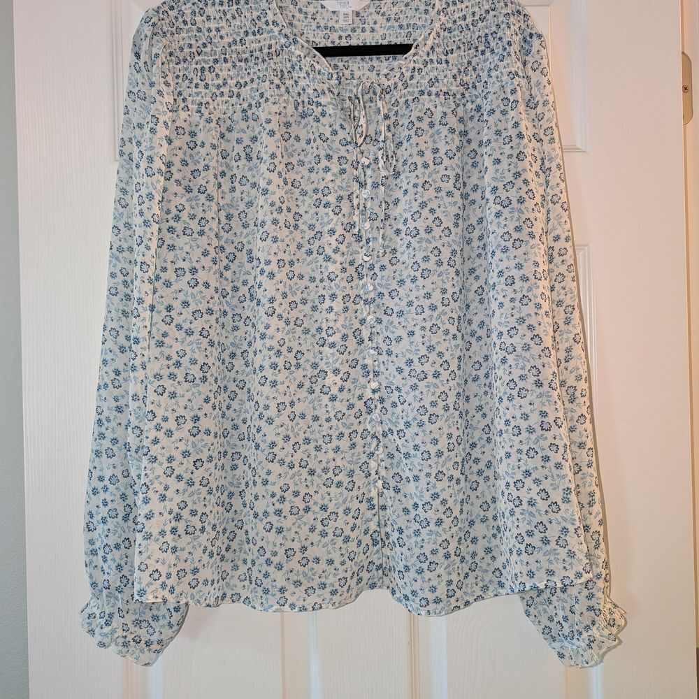 Time and Tru White and Blue Boho Flower Blouse XXL 2X